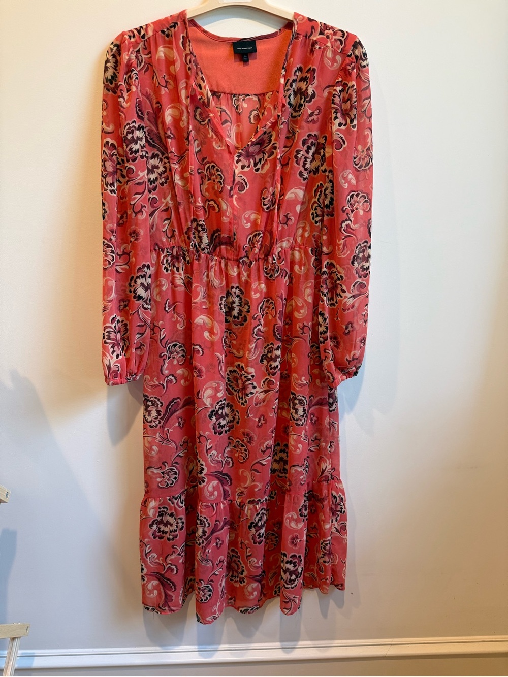 Who What Wear Coral Floral Long-Sleeve Midi Dress
